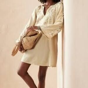 Banana Republic Dress Sz M Cream Embroidered Boho Peasant Top Long Sleeve
